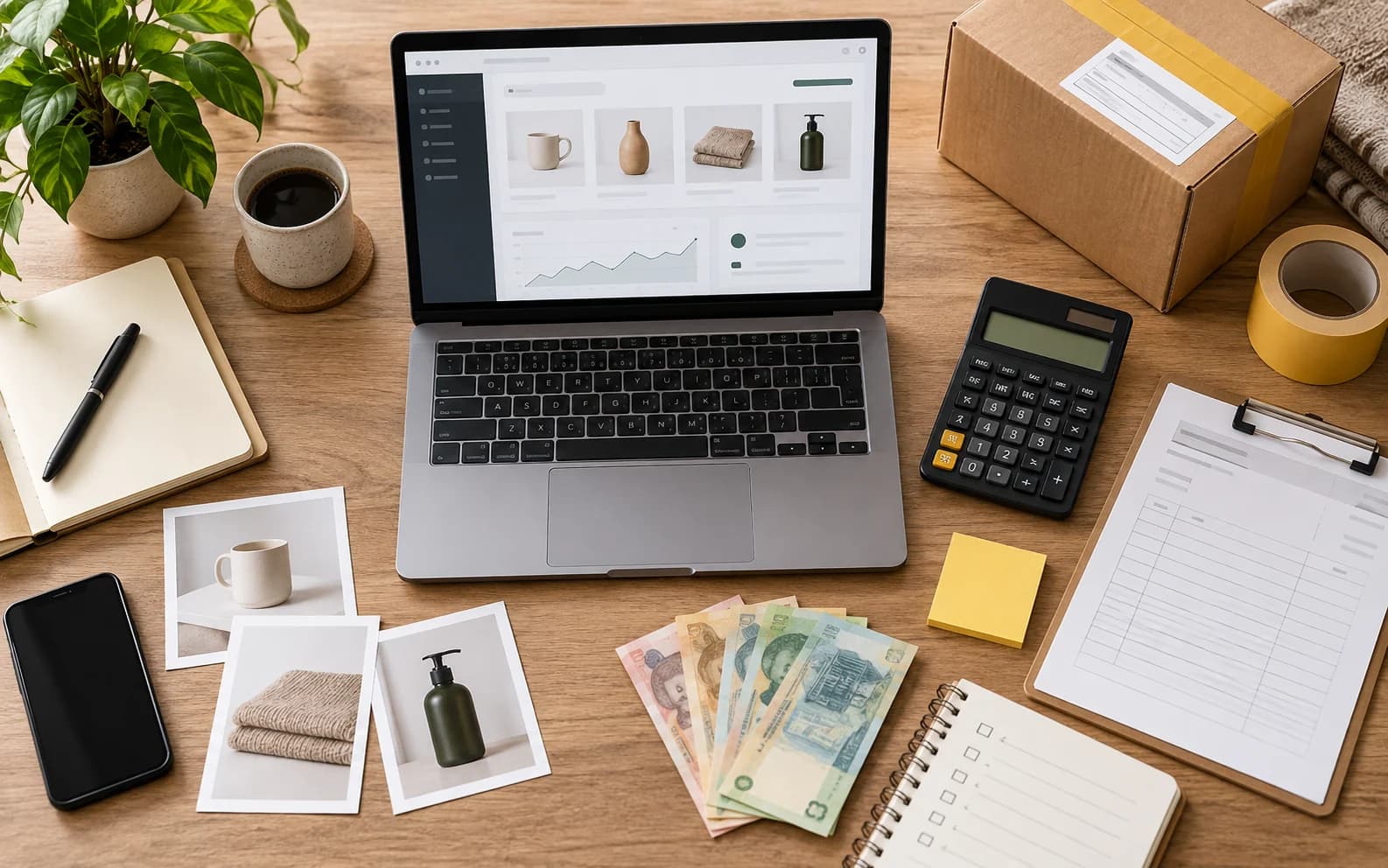 Planificarea bugetului unui magazin online, cu laptop, calculator, produse și colet