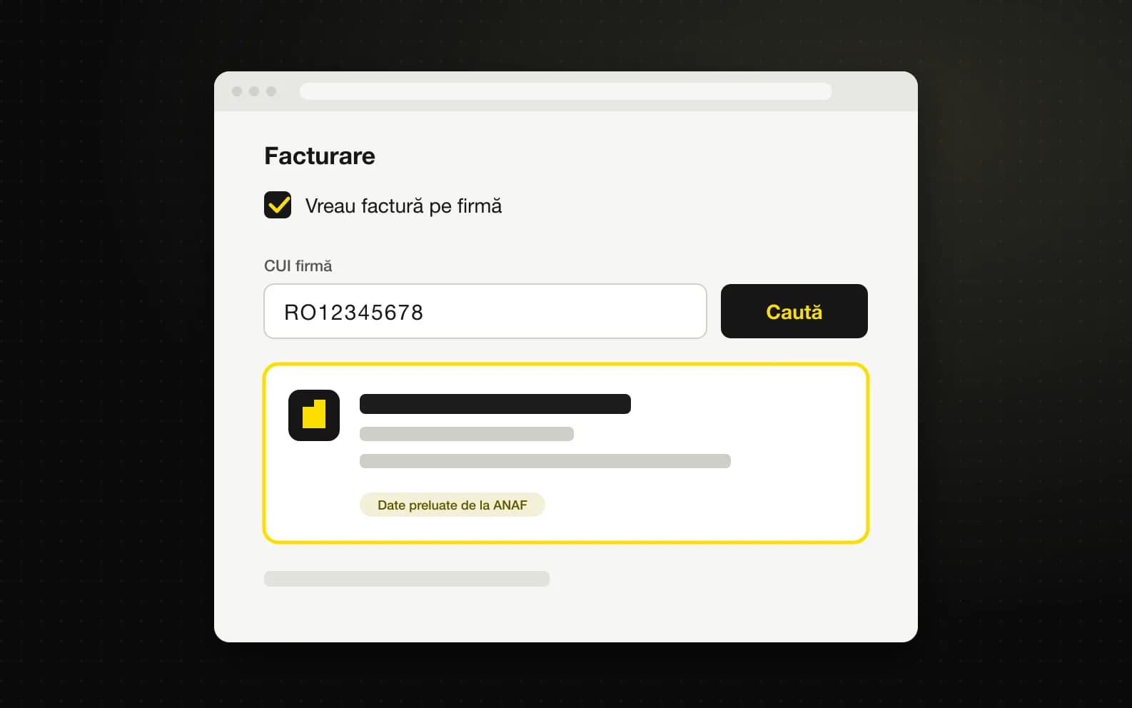 Formular de finalizare a comenzii cu câmp CUI și card cu datele firmei