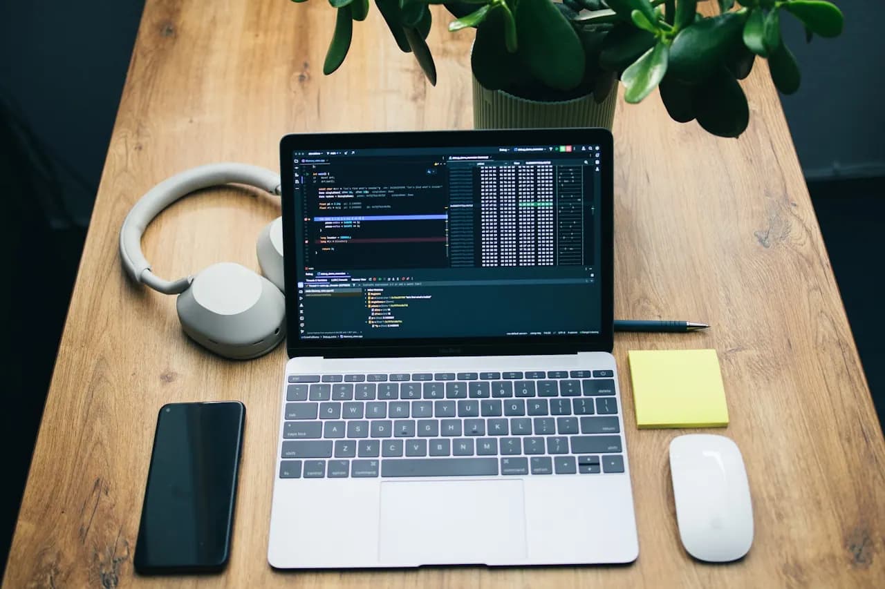 Laptop cu cod sursă pentru dezvoltare și optimizare WordPress