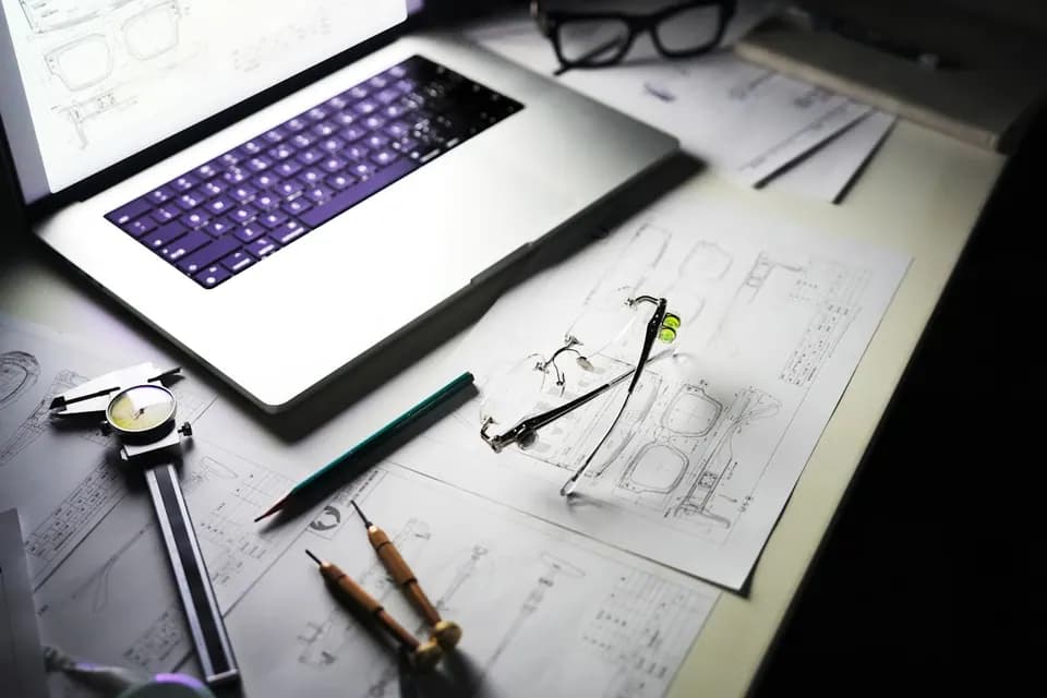 Birou tehnic cu laptop și schițe pentru planificarea unei migrări WordPress