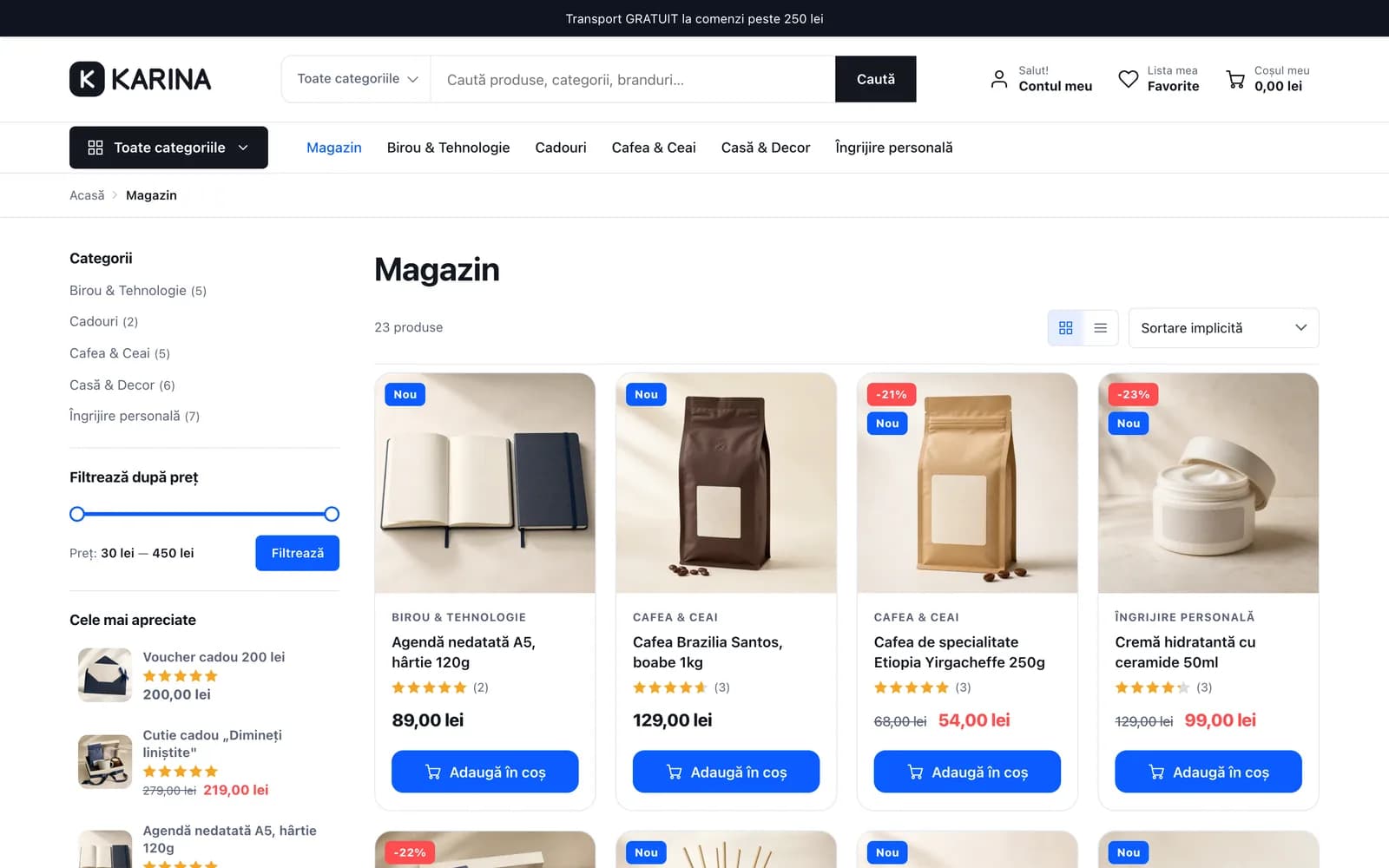 Pagina de catalog cu filtre pe categorii, filtru de preț și grilă de produse