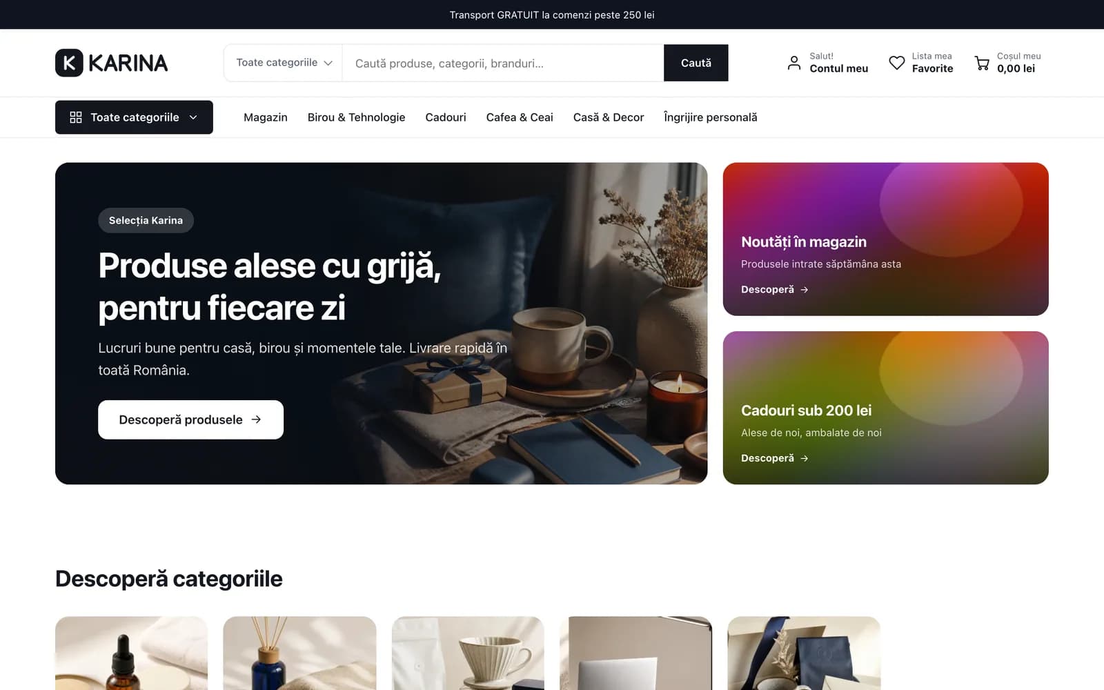 Prima pagină a unui magazin construit cu tema Karina