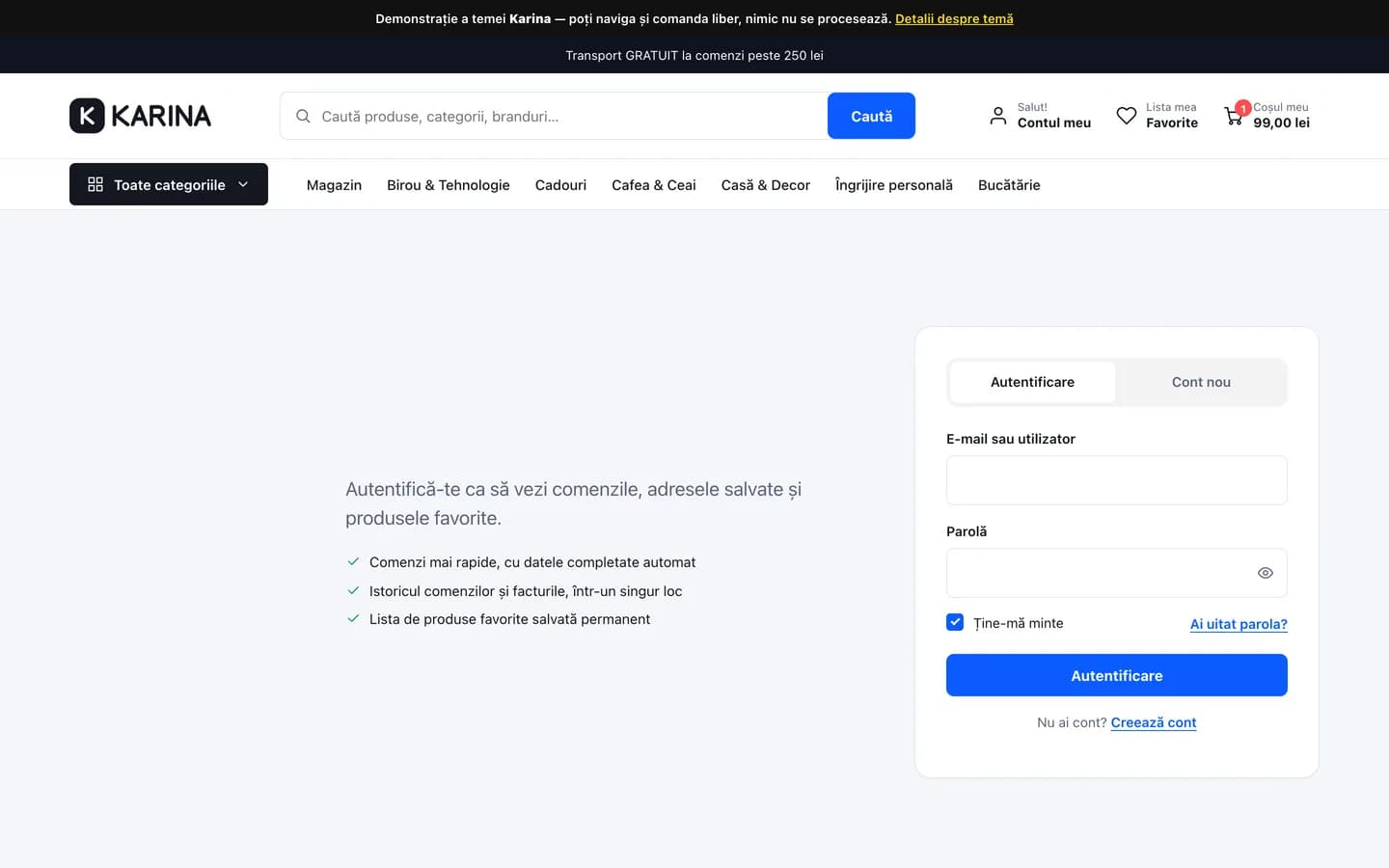 Pagina de autentificare și înregistrare Karina, cu formular propriu și lista beneficiilor contului
