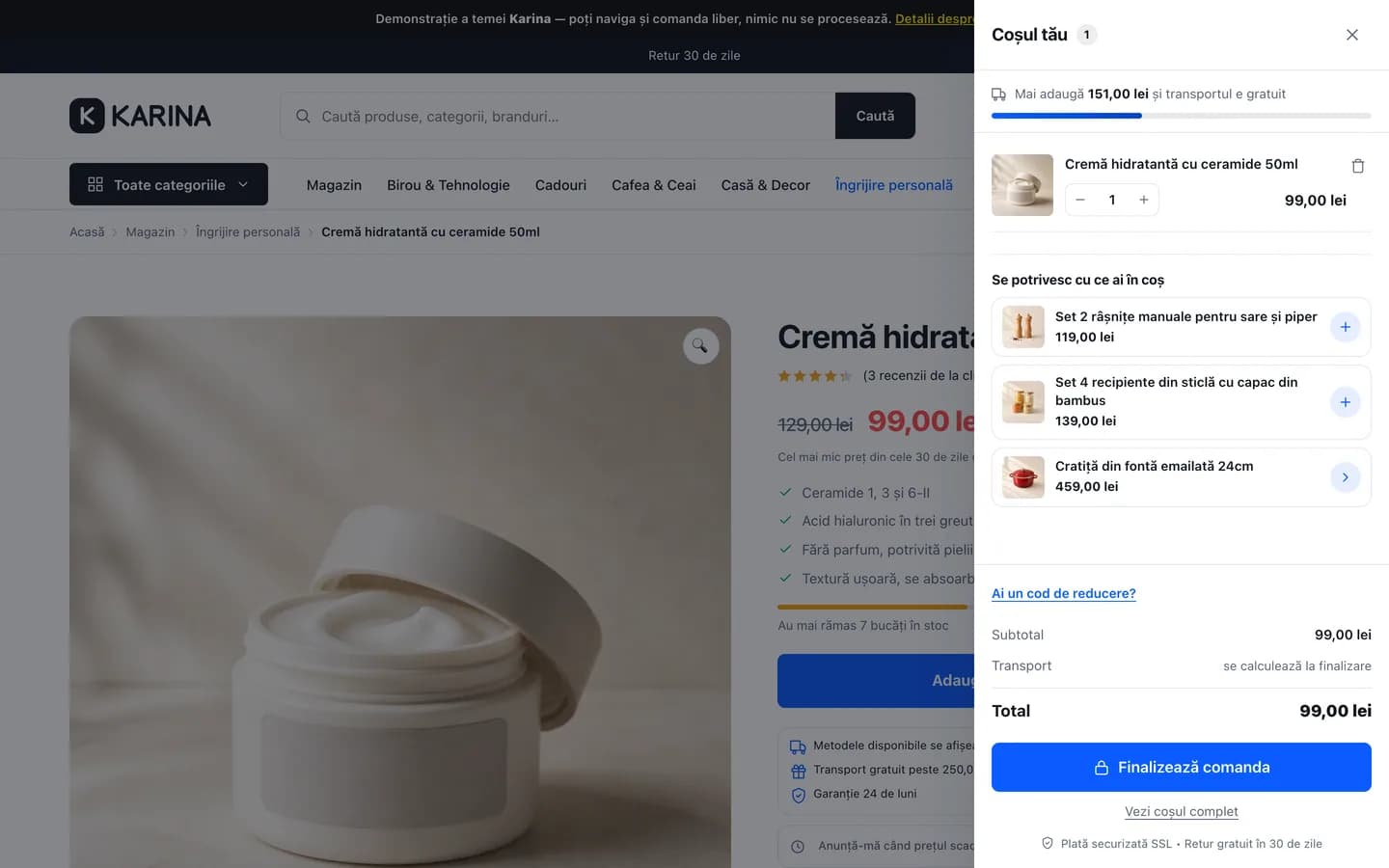Coșul lateral Karina cu produse, cantități, bară de progres către transport gratuit, produse recomandate și câmp de cupon