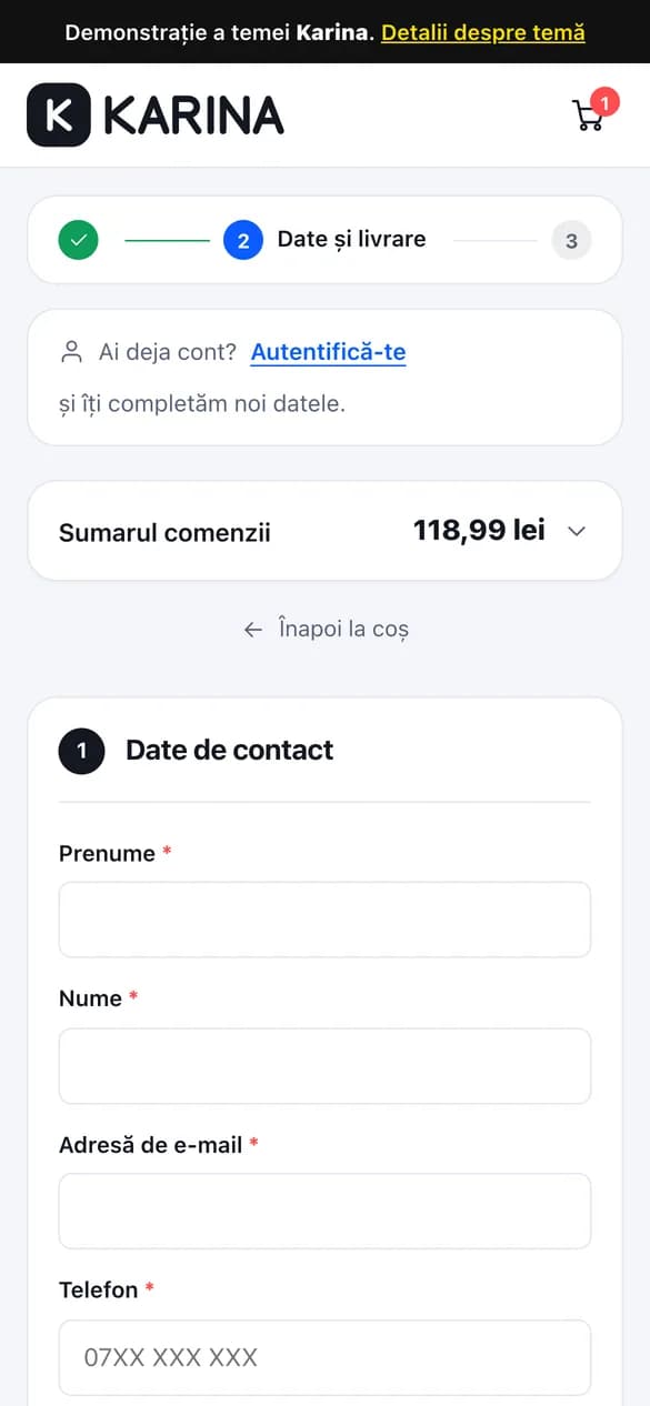Finalizarea comenzii Karina pe mobil, cu câmpuri puține și sumarul comenzii