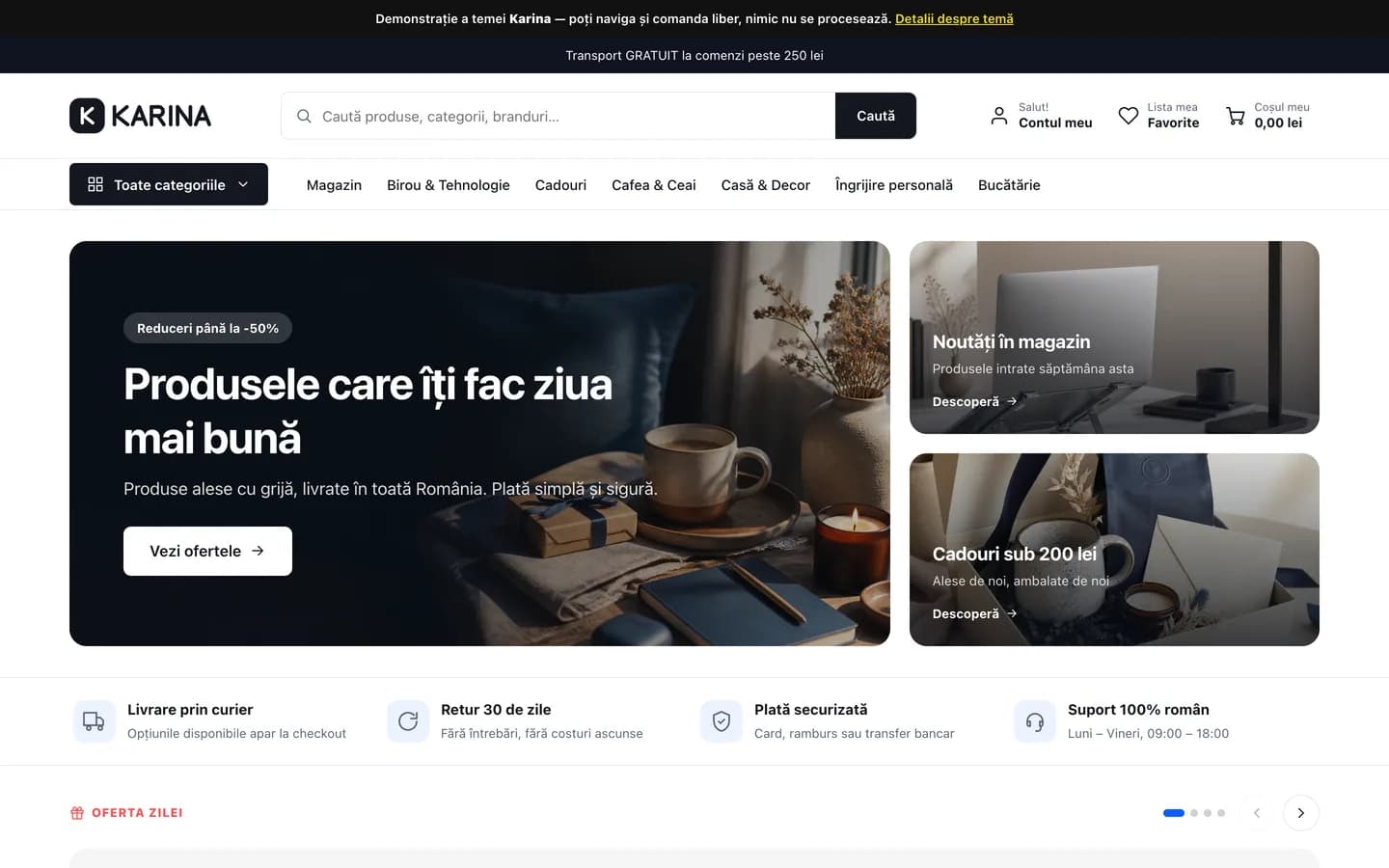 Prima pagină a magazinului demonstrativ Karina pe calculator: meniu cu categorii, reclamă principală, avantaje și oferta zilei