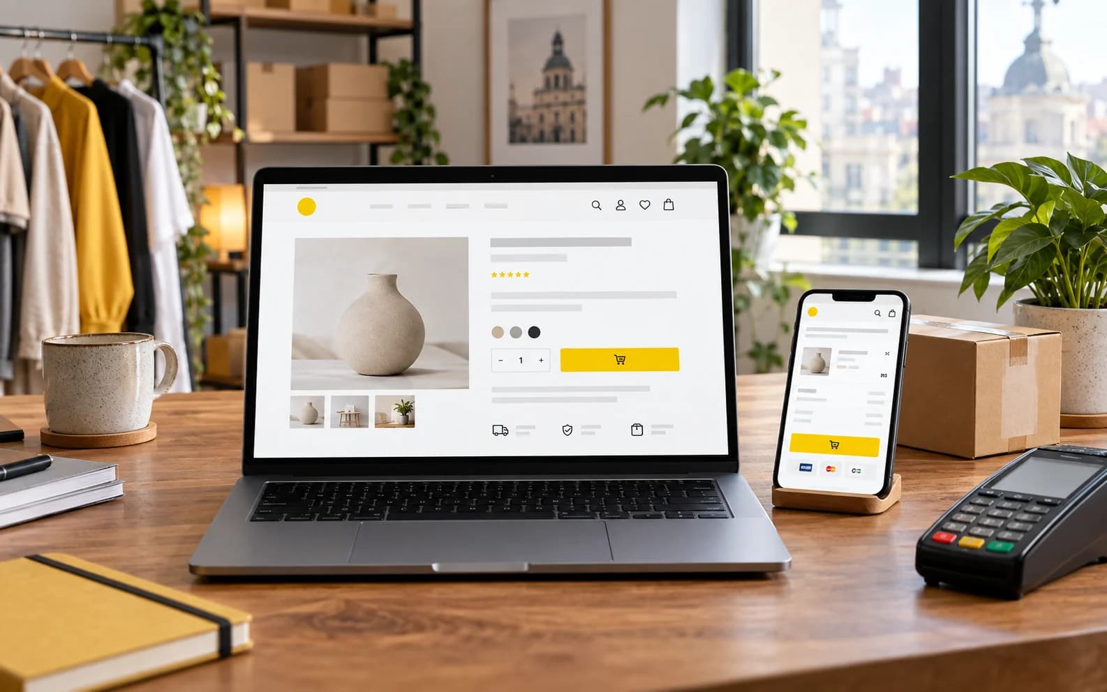 Magazin online afișat pe laptop și telefon, pregătit pentru comenzi și livrare