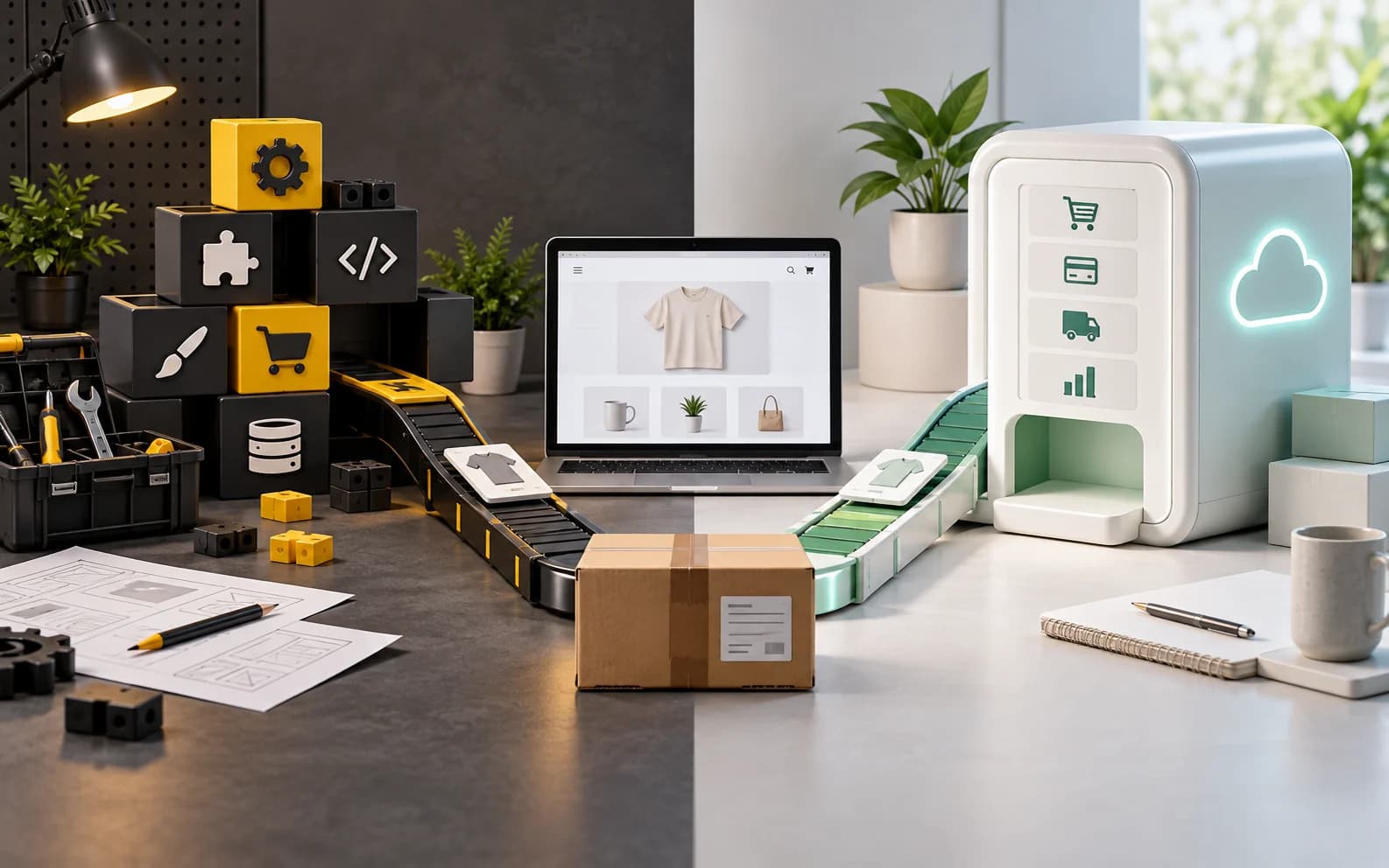 Comparație vizuală între o platformă eCommerce modulară și una administrată