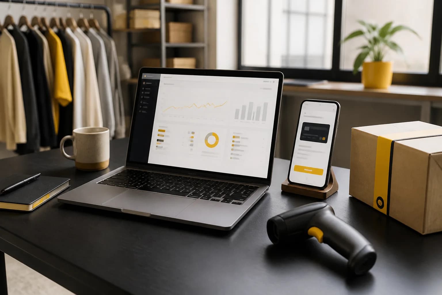 Spațiu de operare pentru magazin WordPress, cu dashboard ecommerce, checkout mobil și colet pregătit